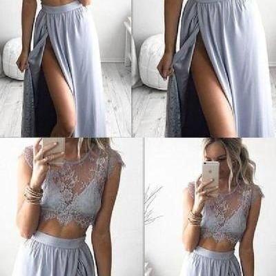 Scoop Lace Top and A-line Chiffon Skirt Set Ocean Blue