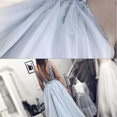 Fairy V Neck Backless Light Blue Appliques Long Prom Dresses, Elegant Evening Dresses 