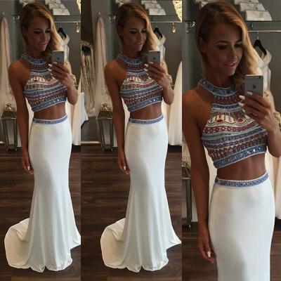 Two Piece Beaded Chiffon Prom Crop Top and Skirt, White Prom Dresses with Gemstones, Sleeveless Halter Prom Dresses
