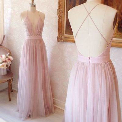 Pink Maxi Prom Dress with Open Back and Plunging Neckline