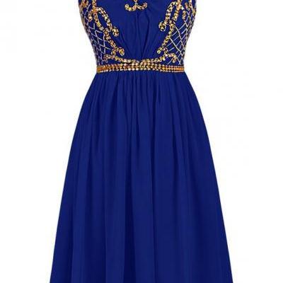 Royal Blue Short Homecoming Dress with Illusion Neckline and Gold Sequin Embellishment