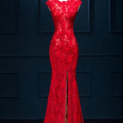 2017 New Arrival Sexy Long Mermaid Prom Dresses Red Evening Party Dress,Red Prom Gowns,Lace Evening Gowns