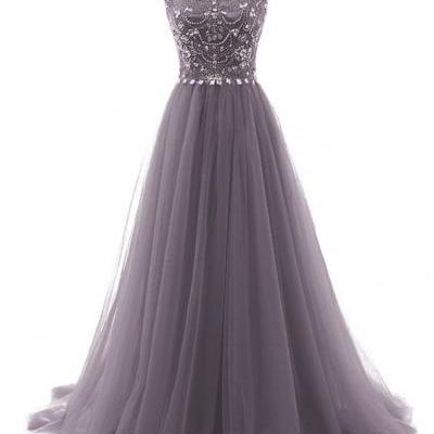 Grey Floor Length Tulle A-Line Prom Dress Featuring Beaded Embellished Cap Sleeves Bodice 