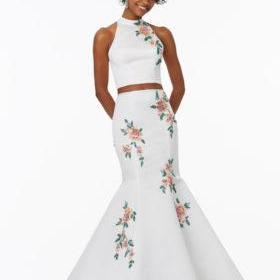 Two-Piece Satin Prom Dress with Floral Beaded Appliques and Open Keyhole Back