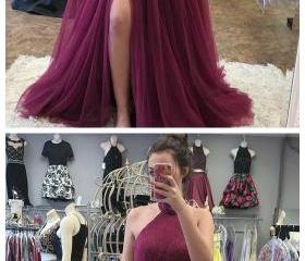 A-Line/Elegant Halter Sleeveless Tulle Floor-Length Beading Two Piece Prom Dresses main image 1