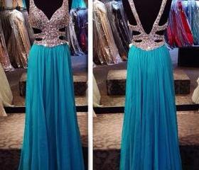 Sweetheart Blue Chiffon Hollow Out Long Evening Dress, A-line Floor ...