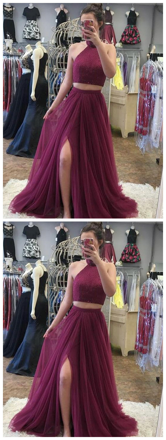 A-Line/Elegant High Neck Sleeveless Satin Beading Two Piece Prom Dresses main image 0
