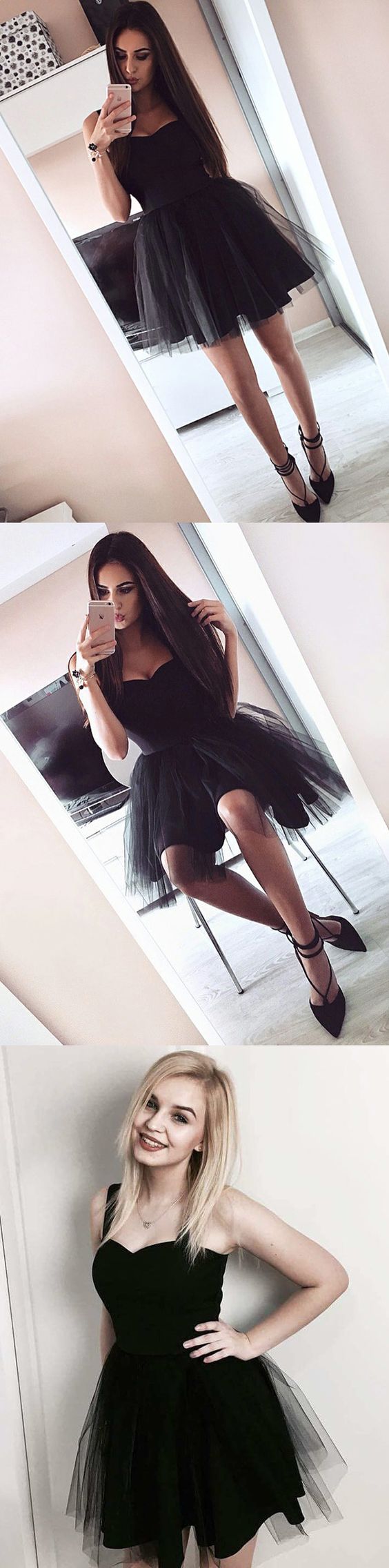 ALine Straps AboveKnee Black Dress With Pleats on Luulla