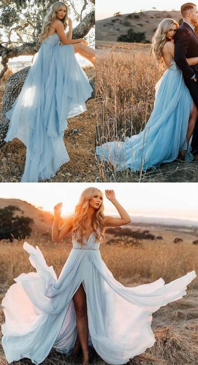 Thigh Split Light Sky Blue Rustic Wedding Dresses Beach Wedding Gown With Court Train Boho Prom Dress