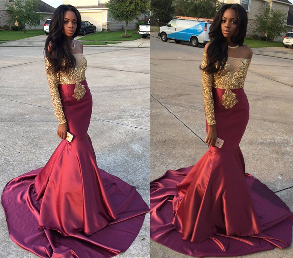 Gorgeous Mermaid Long  Sleeve  Burgundy Prom  Dress  With Lace 
