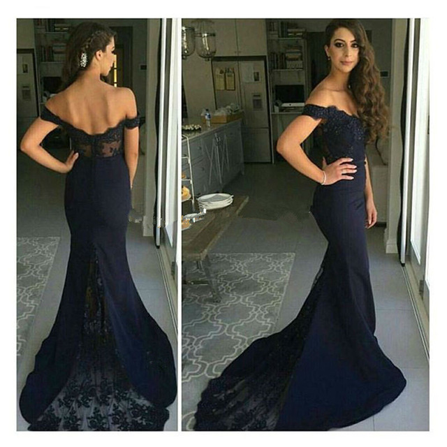 Navy Blue Lace Prom Dress