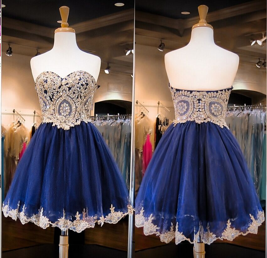 Sweetheart Neck Navy Blue Lace Homecoming Dresses Beaded Short