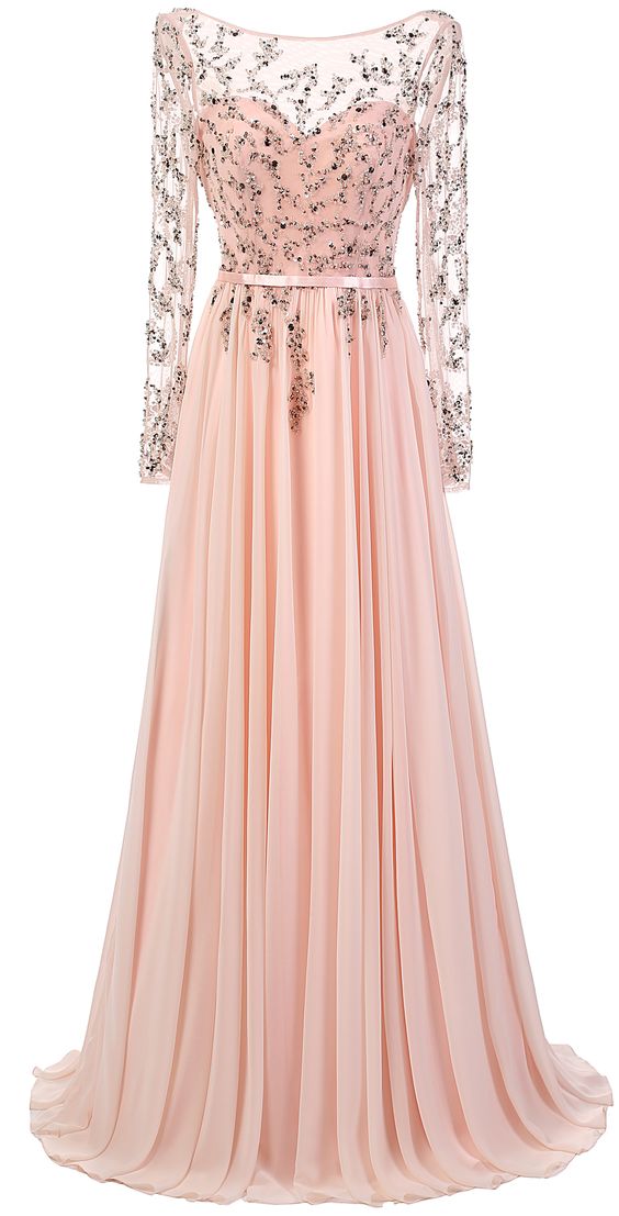 Blush Pink Long Sleeves Floor-length Chiffon Dress - Prom Dress ...