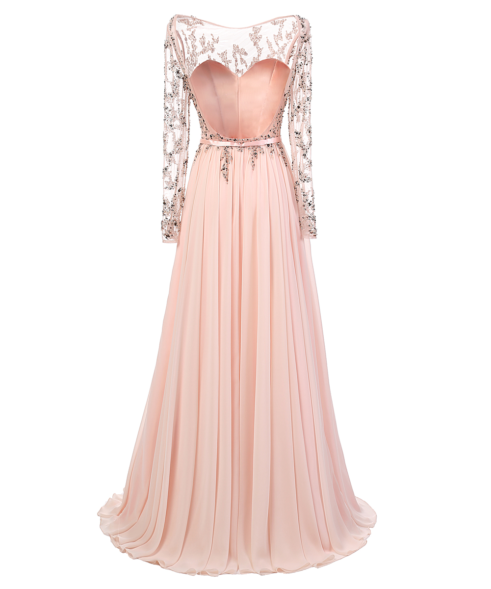 Blush Pink Long Sleeves Floor-length Chiffon Dress - Prom Dress ...