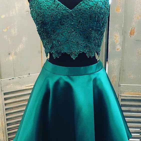 Straps Two Piece Emerald Green Homecoming Dress With Lace Crop on Luulla