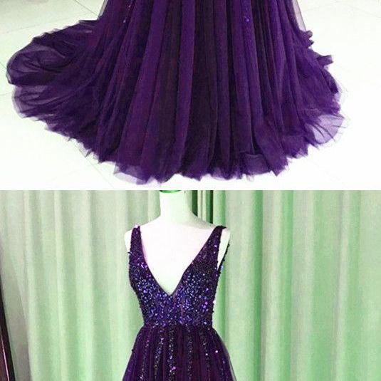 Dark Purple Sequins Beaded V-neck Tulle Open Back Prom Evening Dresses ...