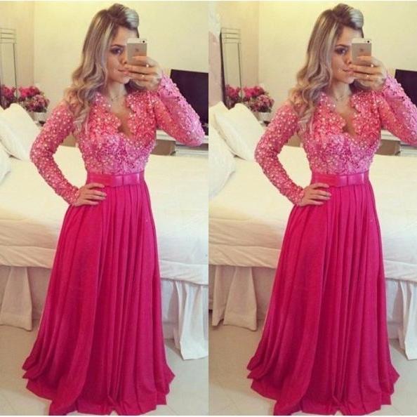 2017 New Elegant Long Sleeve A Line Long Sleeves Evening Dresses Lace Floor Length Sexy V Neck 