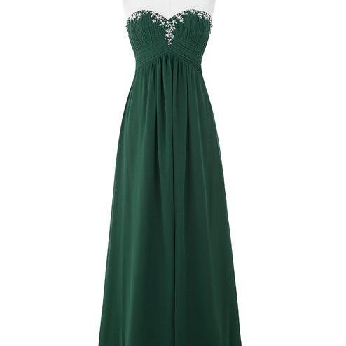 Green Strapless Sweetheart Beaded Embellished Long A-Line Chiffon Prom ...