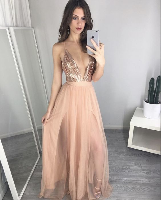 Sexy V Neck Sequin Top Prom Dresses Nude Tulle Prom Dresses Arrival Prom Dresses Popular Prom 