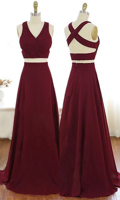 V-neck Chiffon Dresses with Double Straps Burgundy