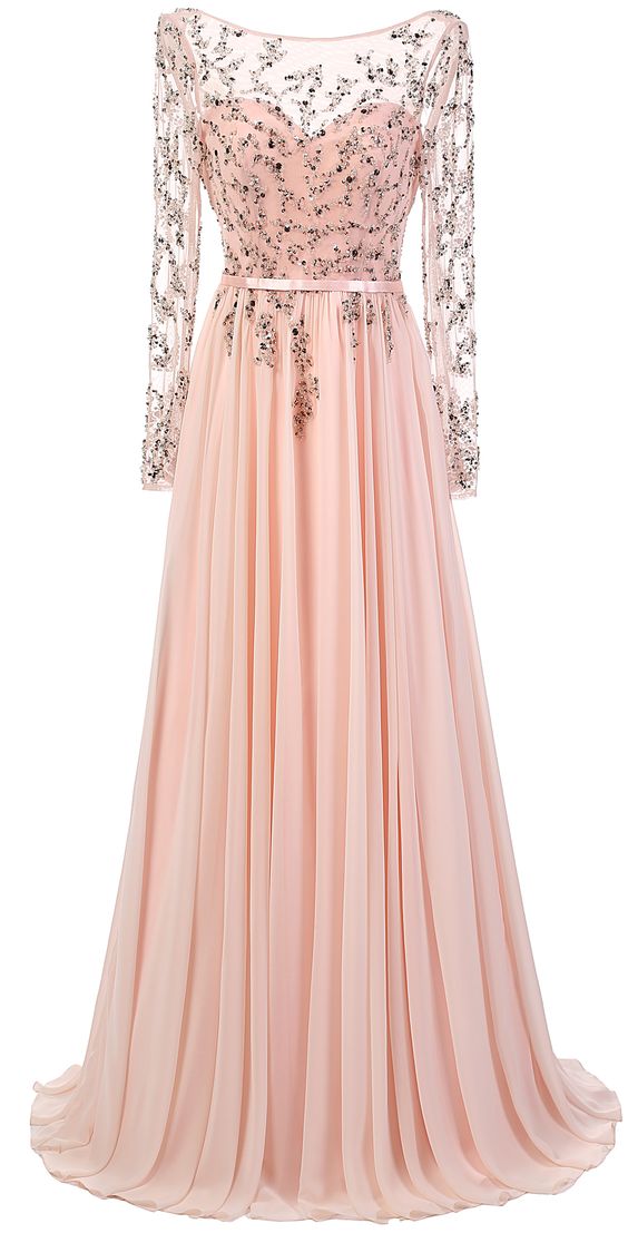 Blush Pink Long Sleeves Floorlength Chiffon Dress Prom