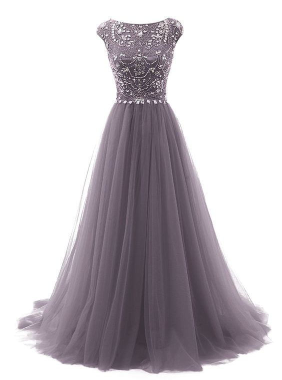Grey Floor Length Tulle Aline Prom Dress Featuring Beaded Embellished